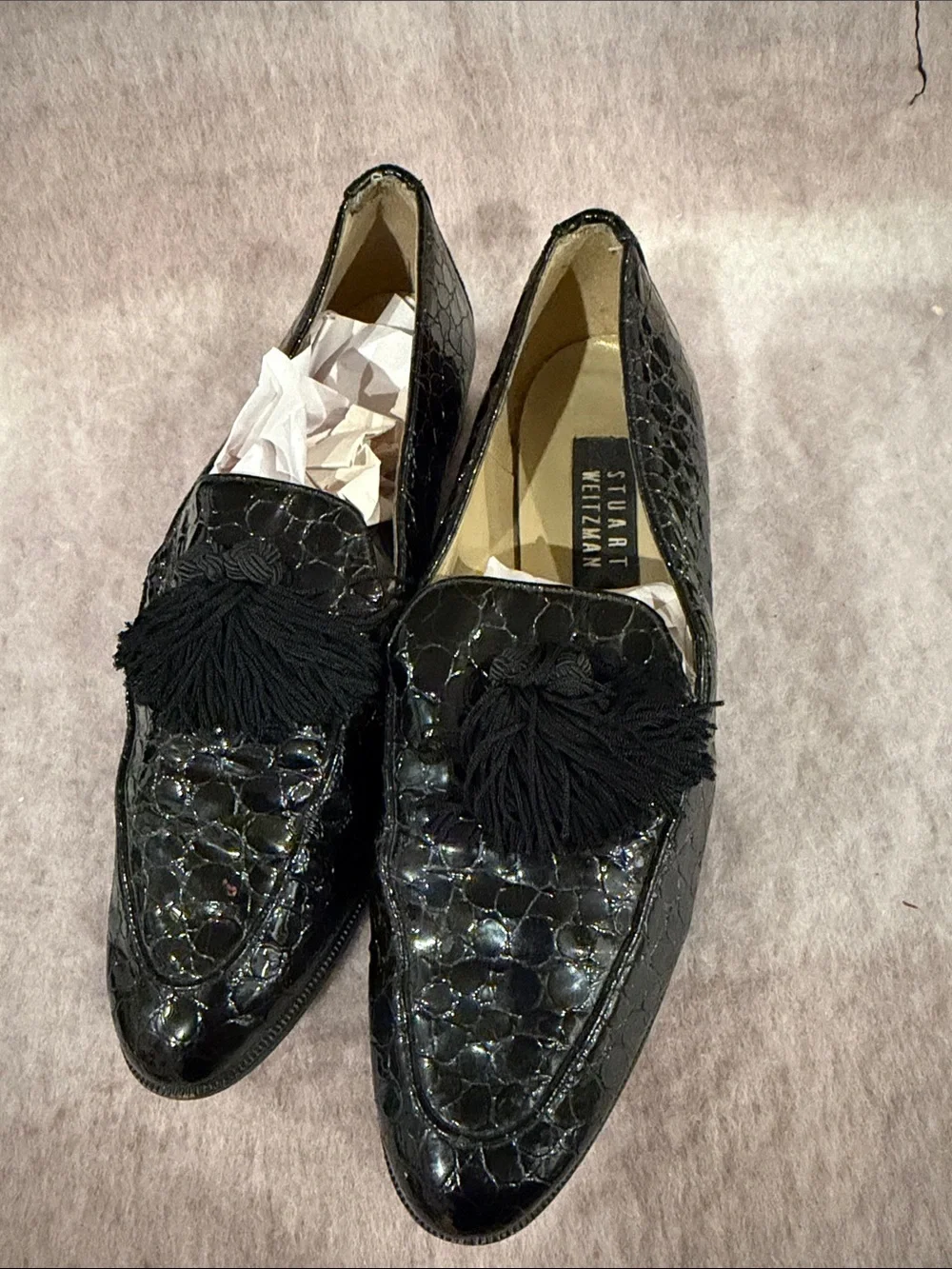 Stuart Weitzman Black Croc-Embossed Tassel Loafers